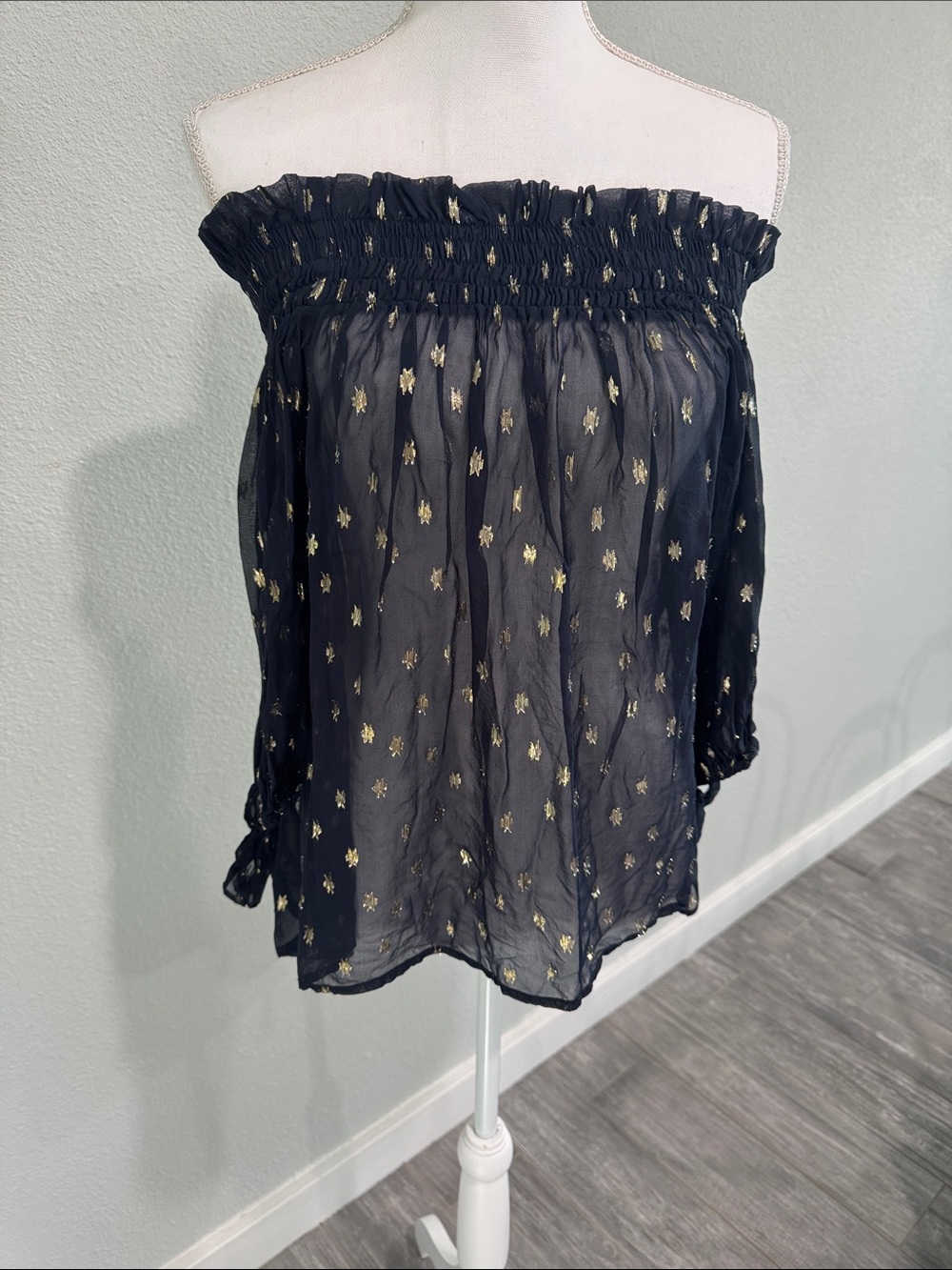 Beach Riot Black Sheer Off-Shoulder Top with Gold Star Motif